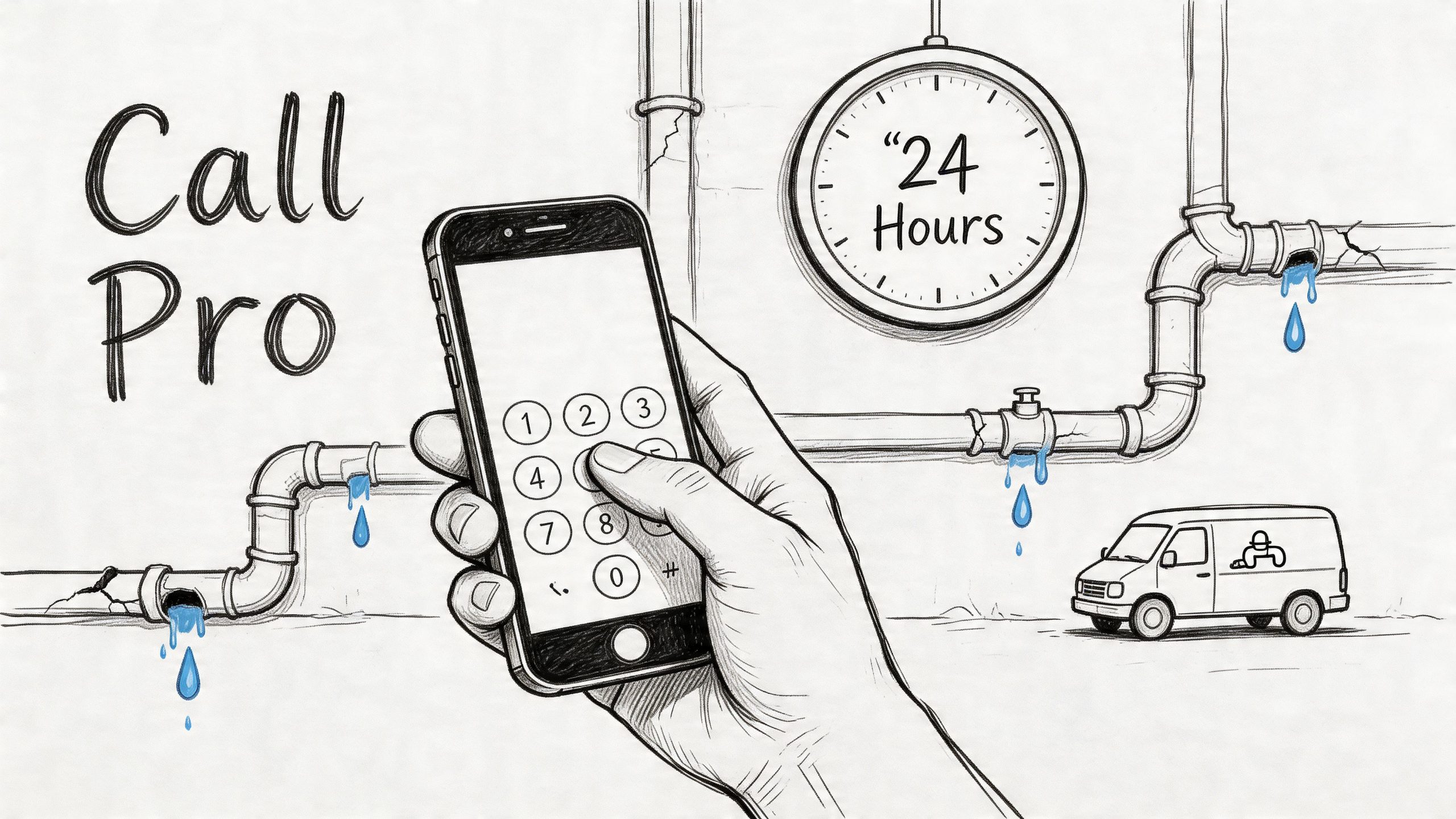 A hand holding a smartphone to call for professional 24-hour plumbing repair services for leaking pipes.