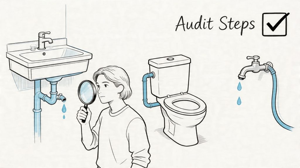 A person using a magnifying glass to perform a home water leak audit on plumbing fixtures.