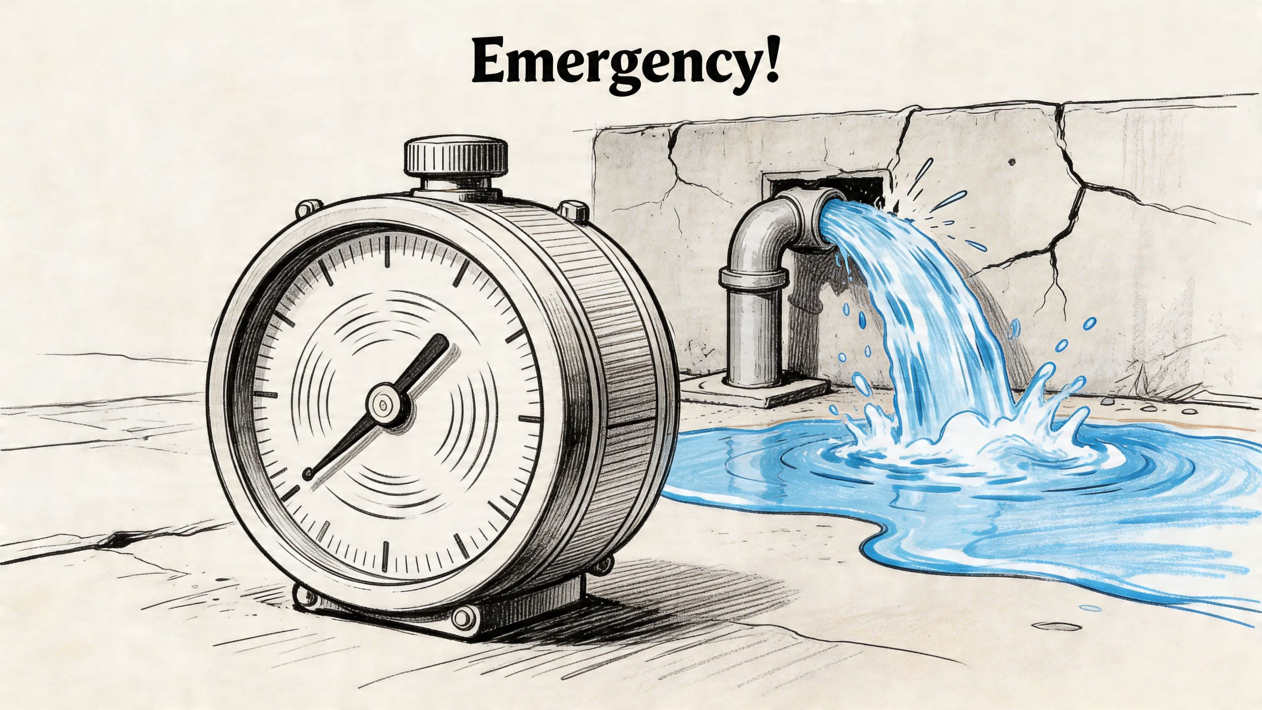 A clock sitting next to a pipe leaking water from a cracked concrete wall, representing water emergencies.