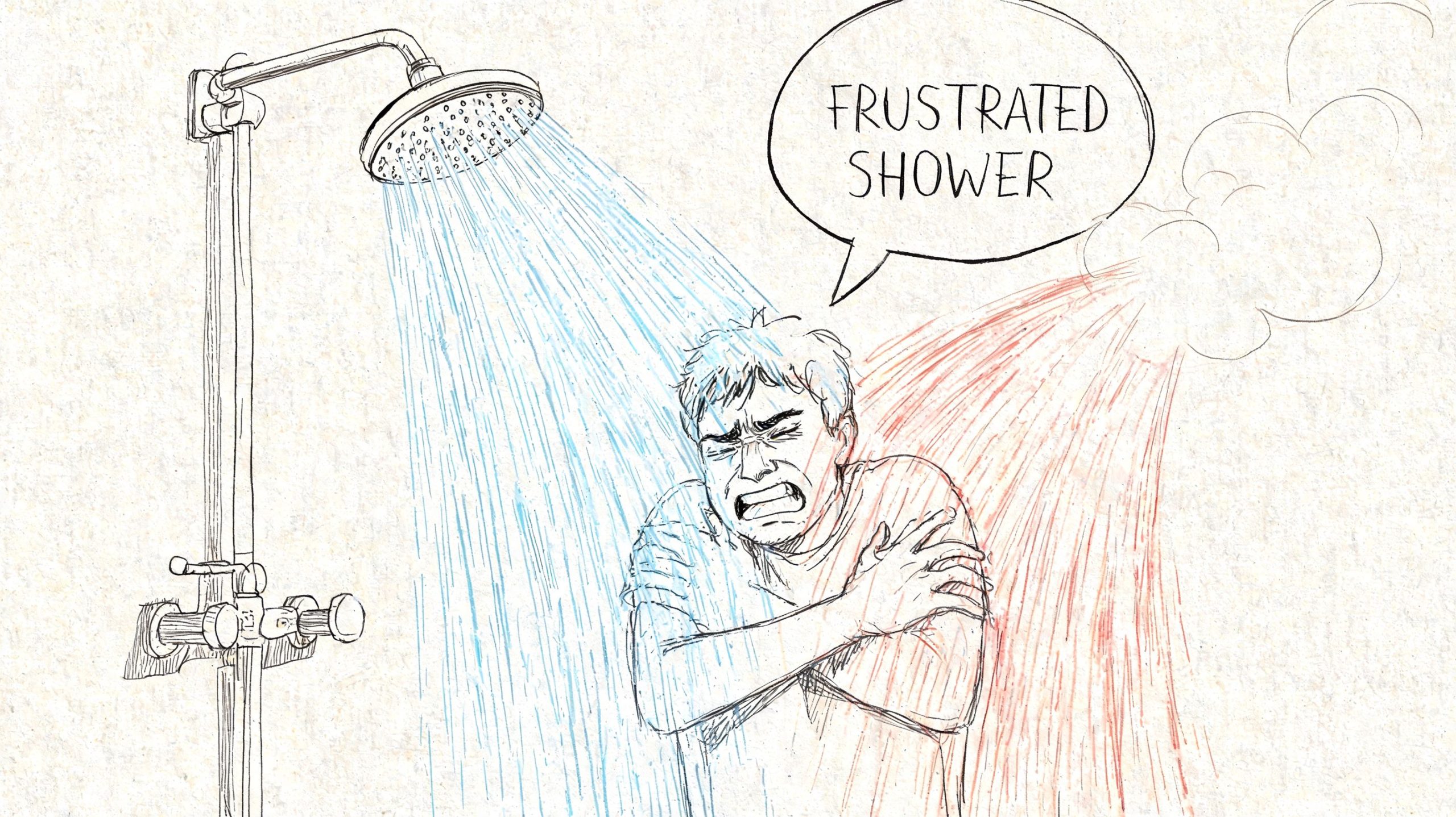 A line drawing of a frustrated man shivering while taking a shower under uneven water temperatures.