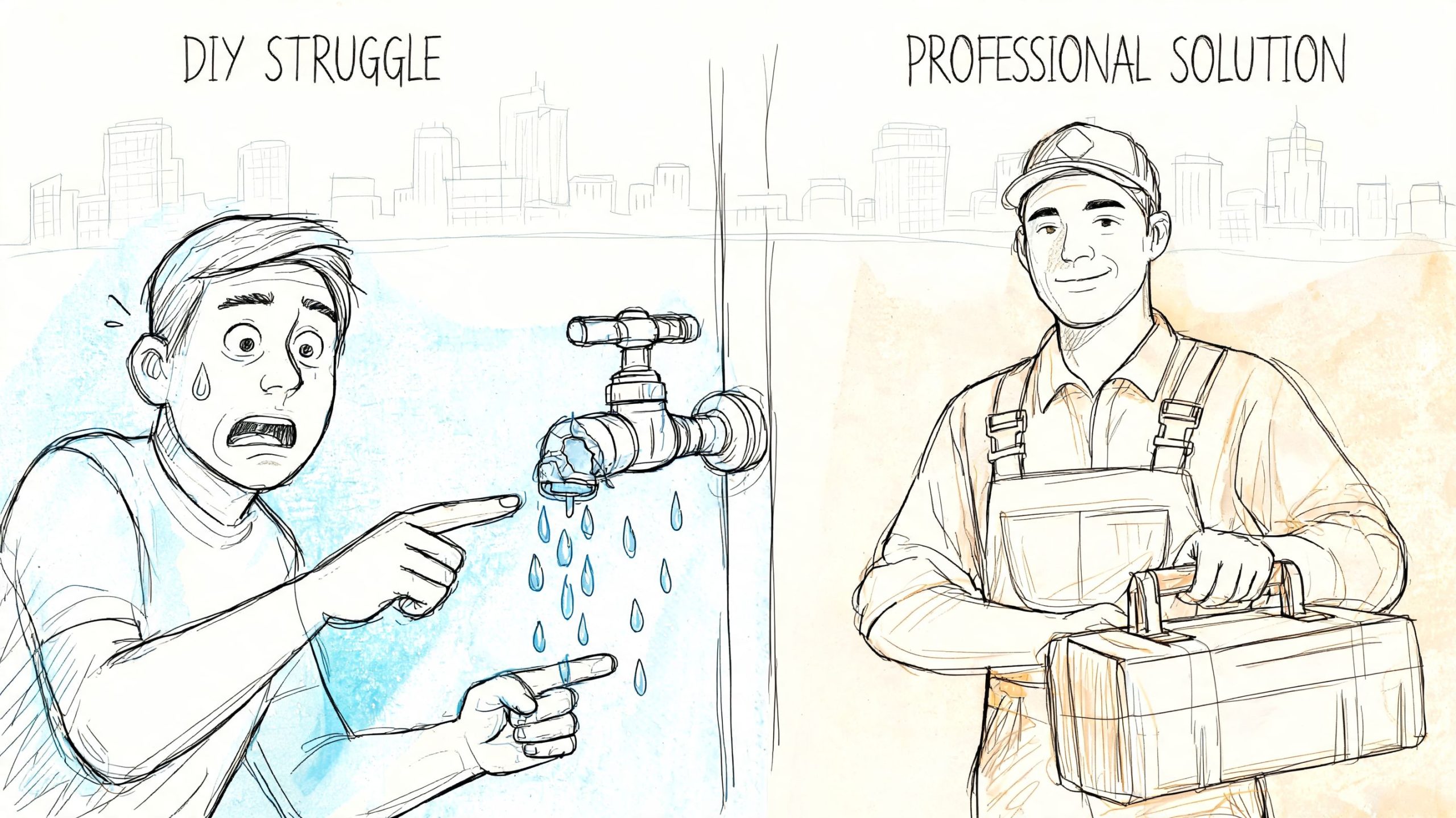A comparison showing a distressed person dealing with a leaky faucet versus a confident professional plumber.