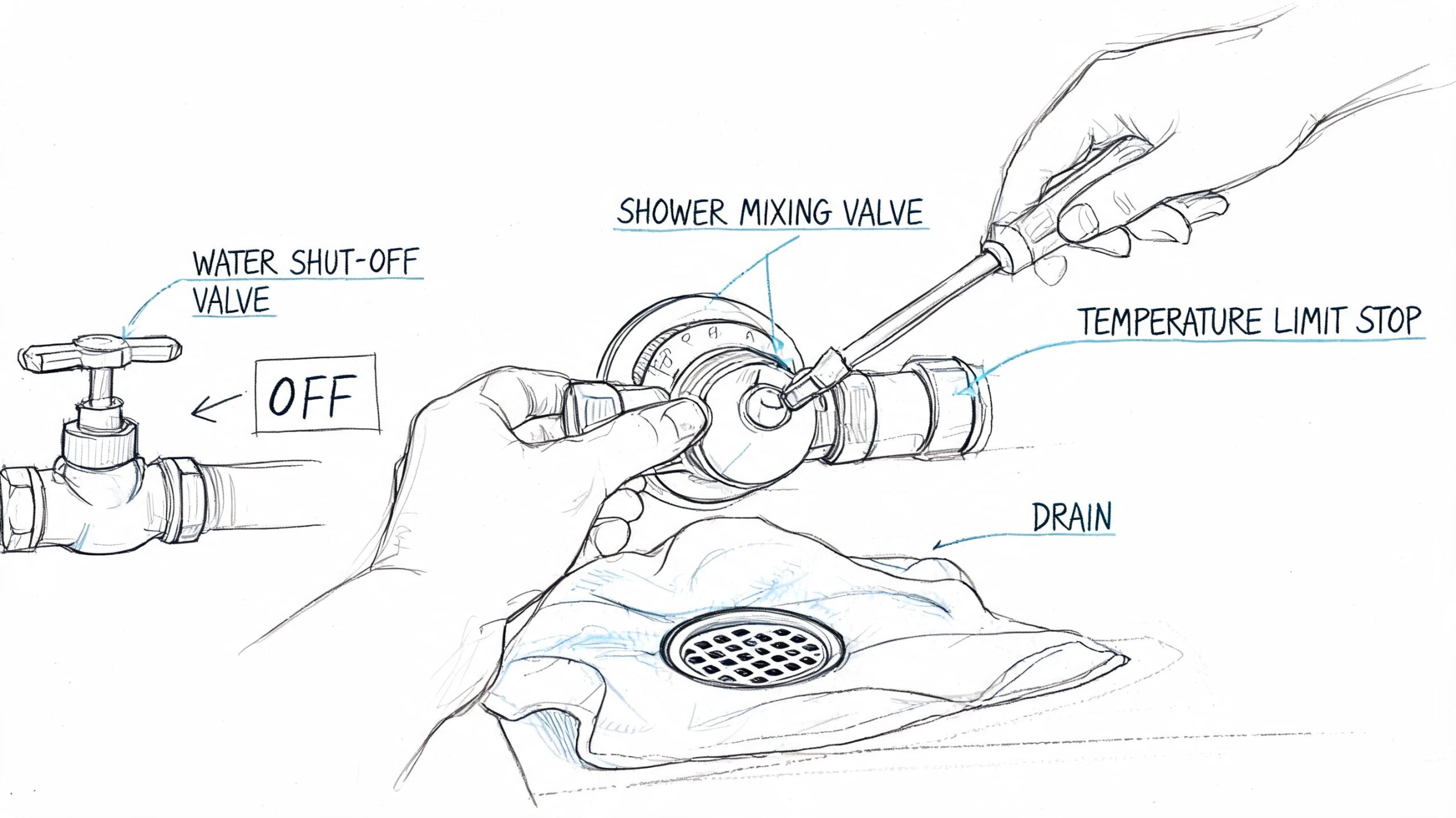 A hand adjusts the temperature limit stop on a shower mixing valve with a screwdriver