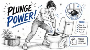 A woman confidently using a plunger to repair a blocked toilet in a home bathroom setting.