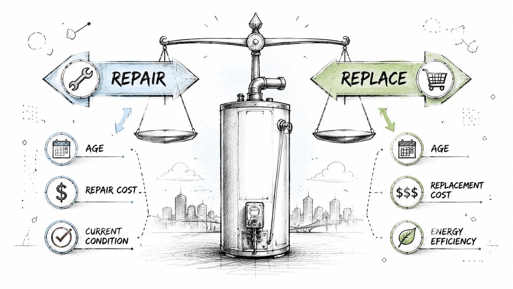 A diagram comparing the factors to consider when choosing to repair or replace a water heater.