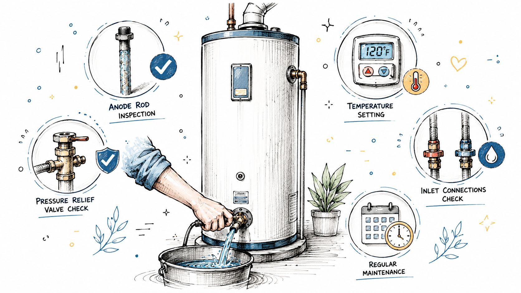 A hand draining a water heater with maintenance steps shown for anode rod, temperature, valves, and connections.