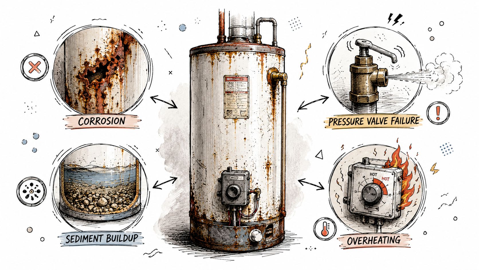 A diagram illustrating common hot water heater problems like corrosion, sediment buildup, valve failure, and overheating.