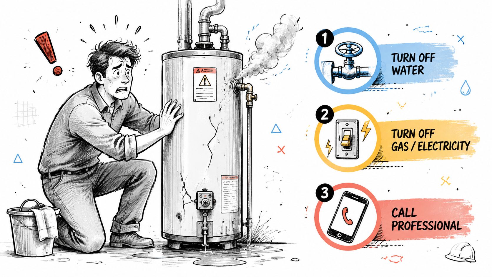 A concerned man kneels beside a leaking water heater with instructions to turn off utilities and call help.