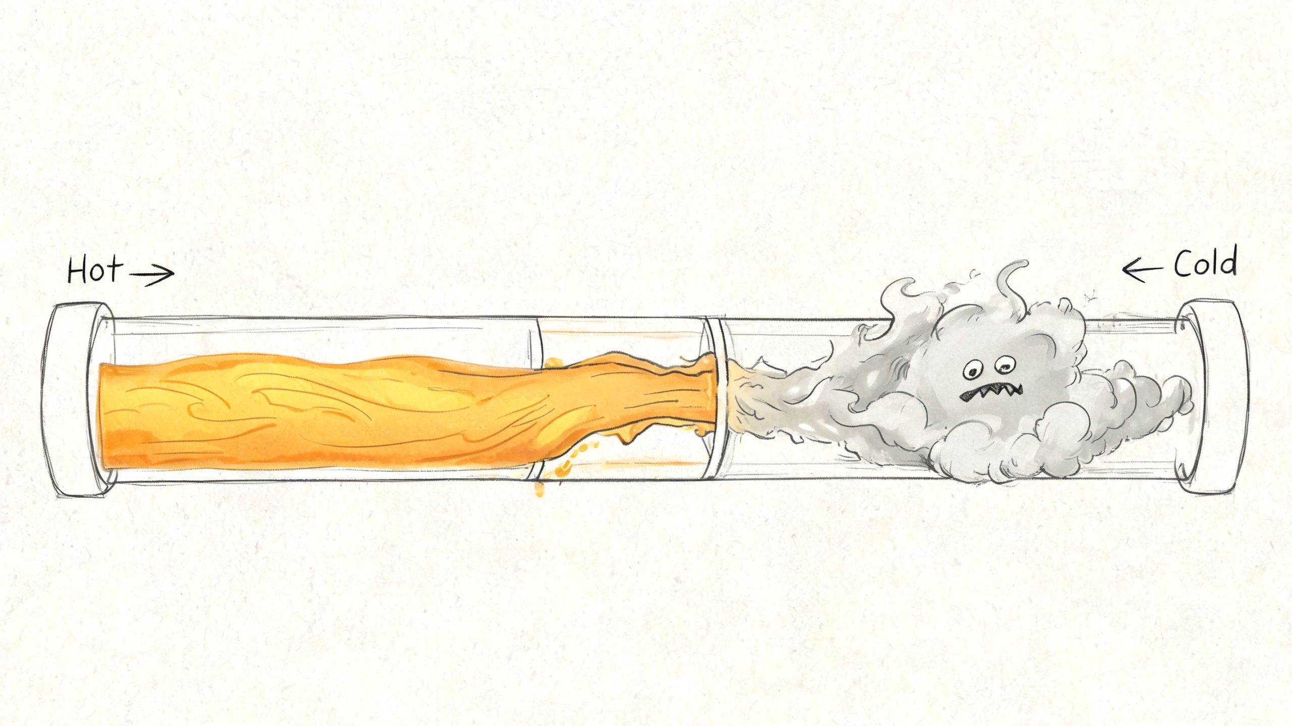 A hand-drawn illustration showing hot liquid grease flowing into a cold garbage disposal pipe, creating a blockage.