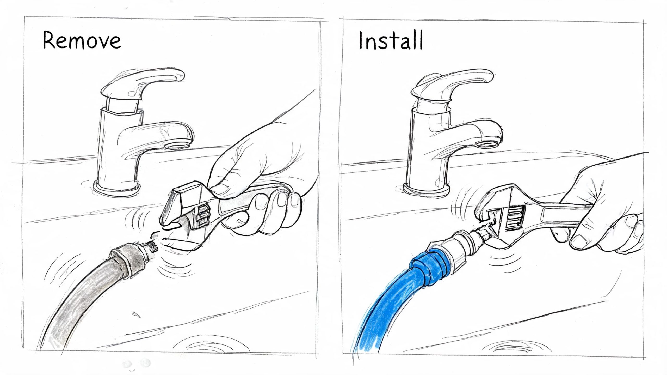 A line drawing illustration showing steps to remove and install a leaking faucet hose using a wrench.