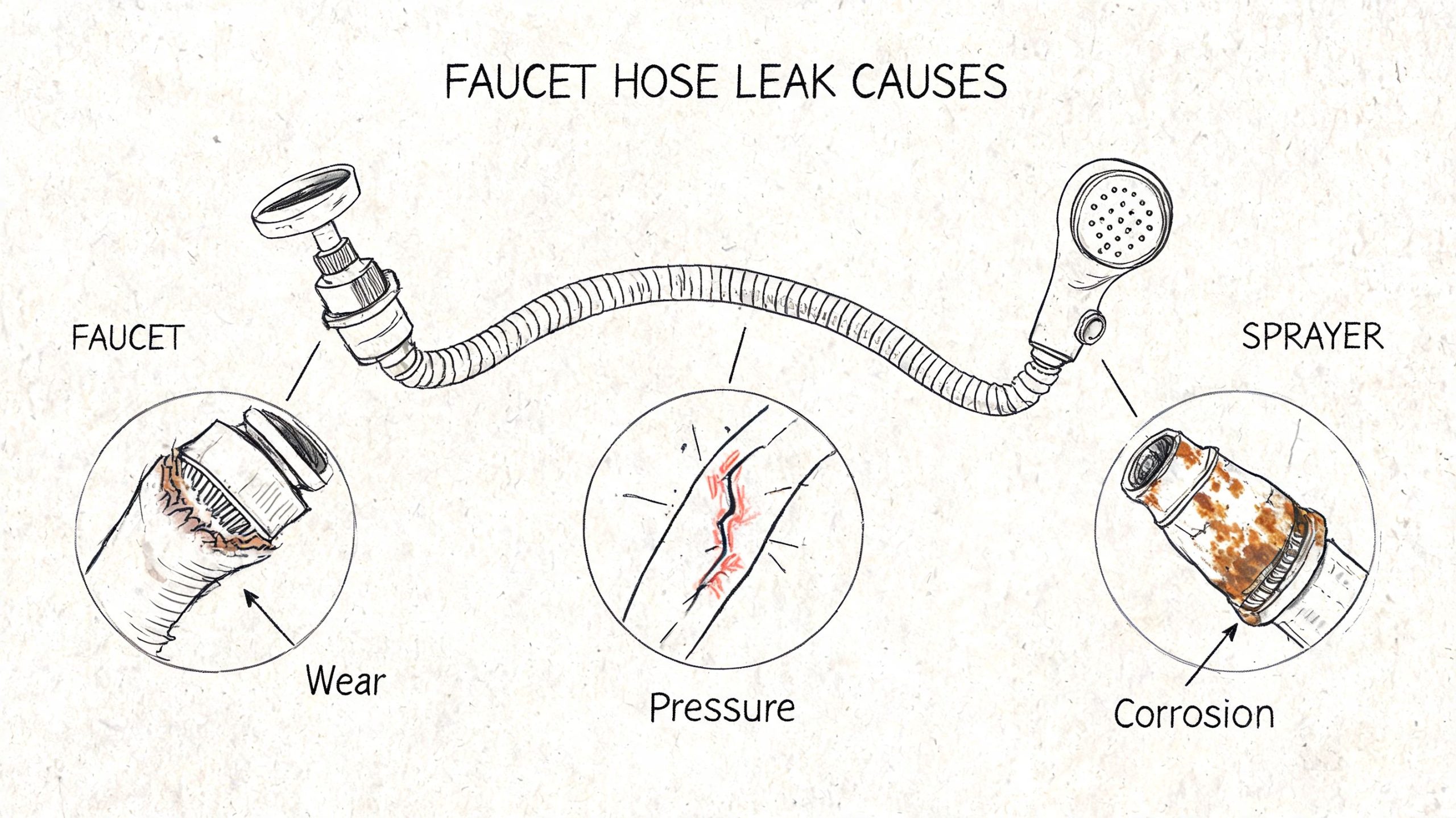 A diagram illustrating three common causes of faucet hose leaks: wear, water pressure, and metal corrosion.