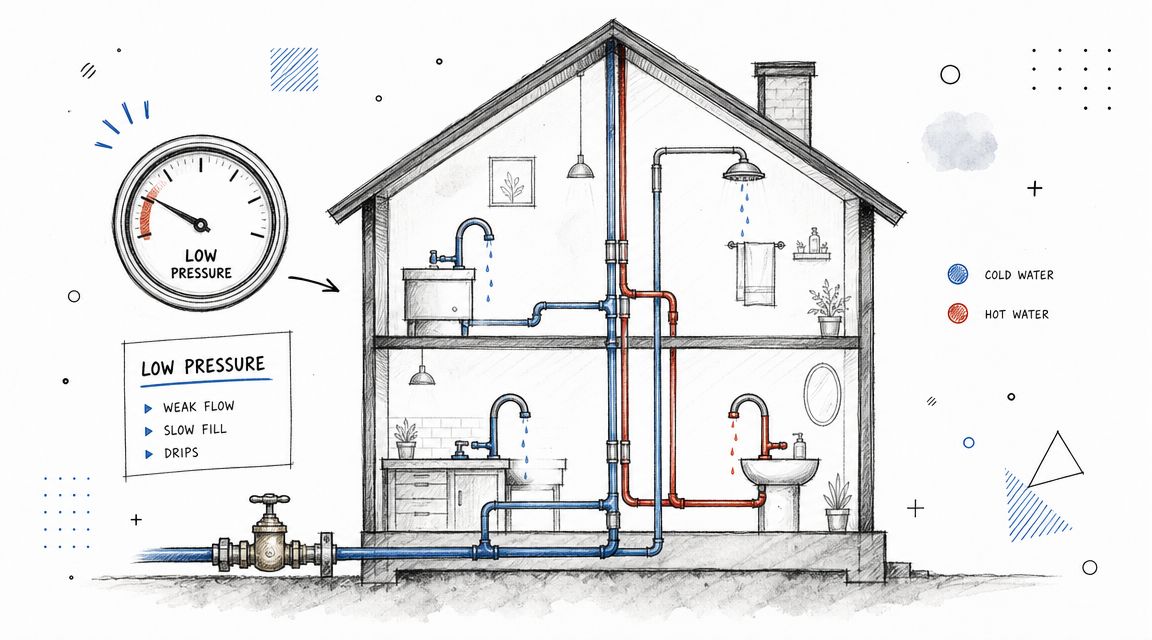 A hand-drawn illustration depicting a home plumbing system experiencing low water pressure throughout the building pipes.