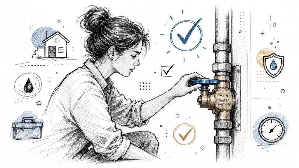 A woman closing a residential main water shut-off valve to troubleshoot plumbing issues in a home.