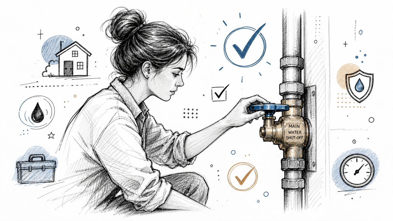 A woman closing a residential main water shut-off valve to troubleshoot plumbing issues in a home.