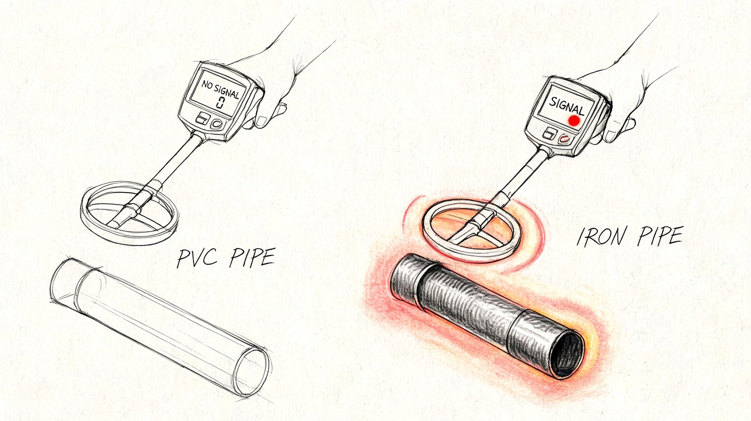 A line drawing illustration comparing a metal detector's reaction to a PVC pipe versus an iron pipe.