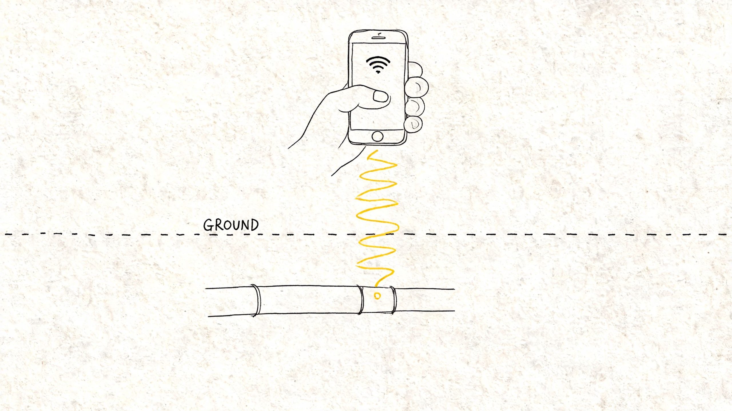 A hand holding a smartphone above ground level, wirelessly scanning an underground metal pipeline for leaks.