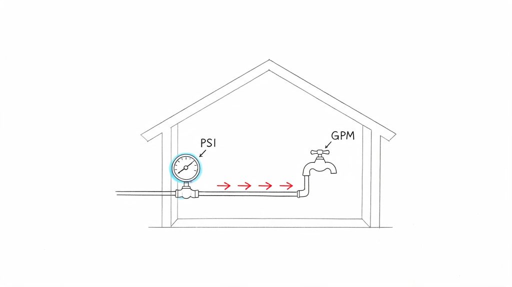 A diagram inside a house outline showing a pressure gauge labeled PSI and a water faucet labeled GPM.