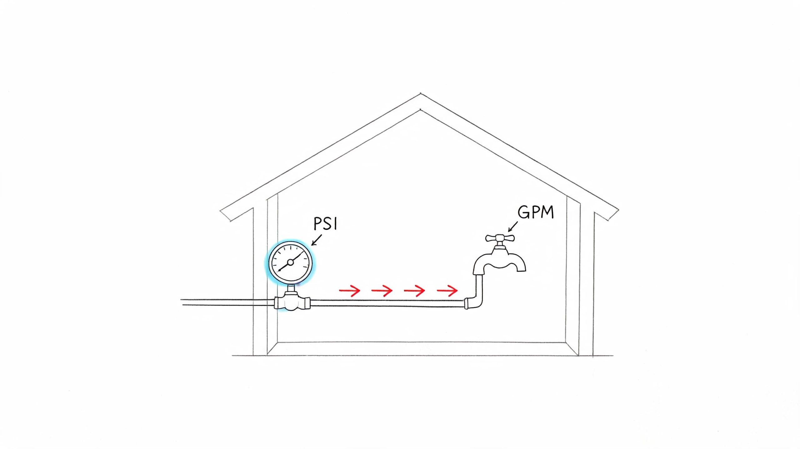 A diagram inside a house outline showing a pressure gauge labeled PSI and a water faucet labeled GPM.