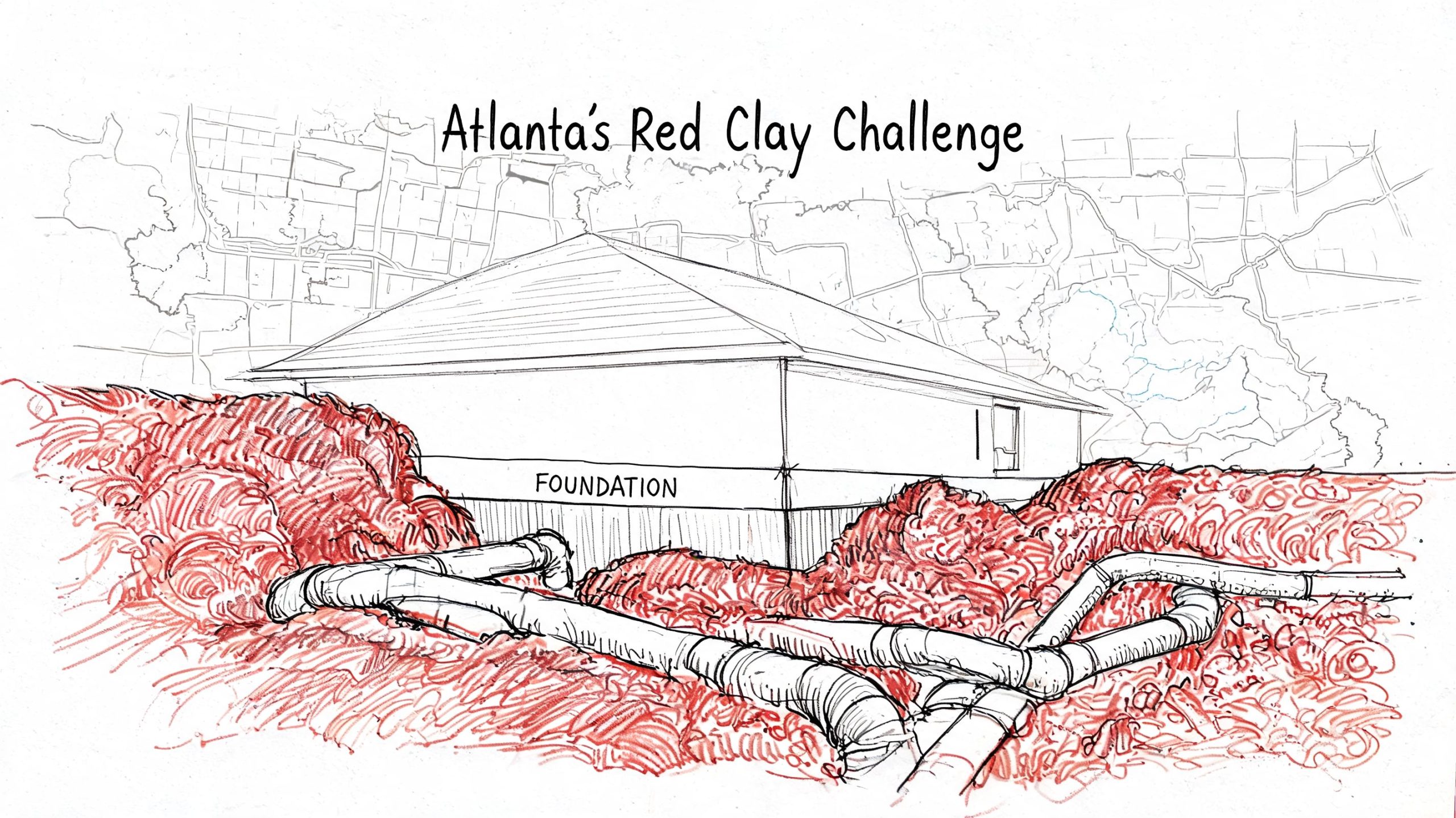 A line drawing illustration depicting a house foundation surrounded by red clay soil and complex plumbing pipes.