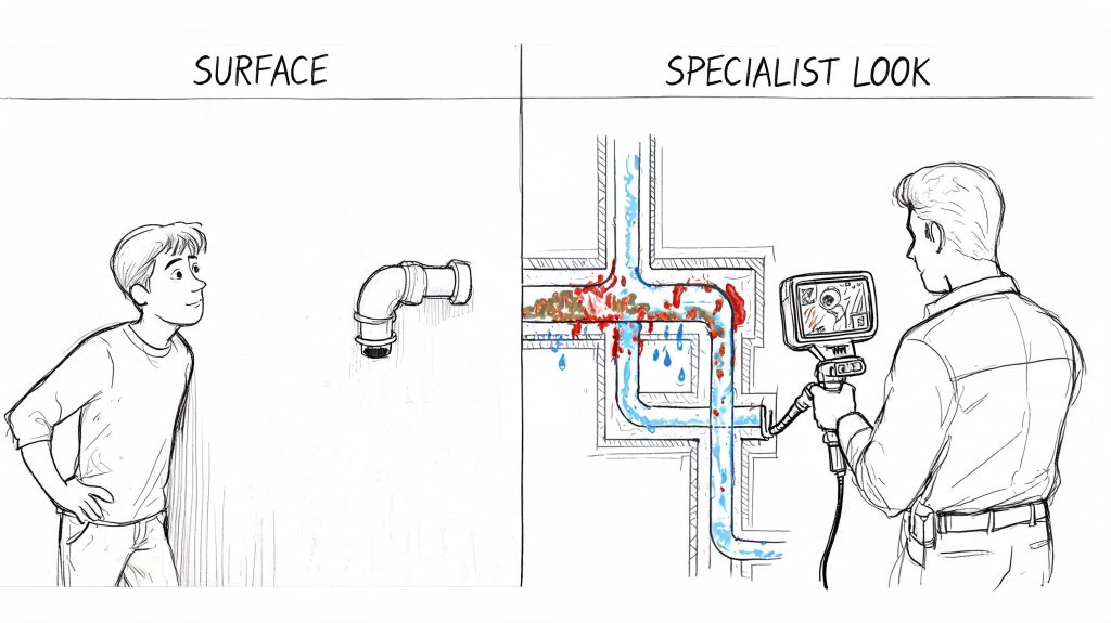 A split illustration comparing a simple pipe view to a specialist using diagnostic camera equipment inside pipes.