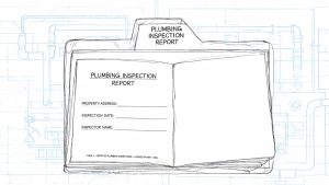 A hand-drawn sketch of an open folder labeled Plumbing Inspection Report against a blueprint background.