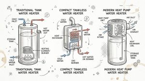 A diagram comparing the mechanisms of traditional tank, compact tankless, and modern heat pump water heaters.