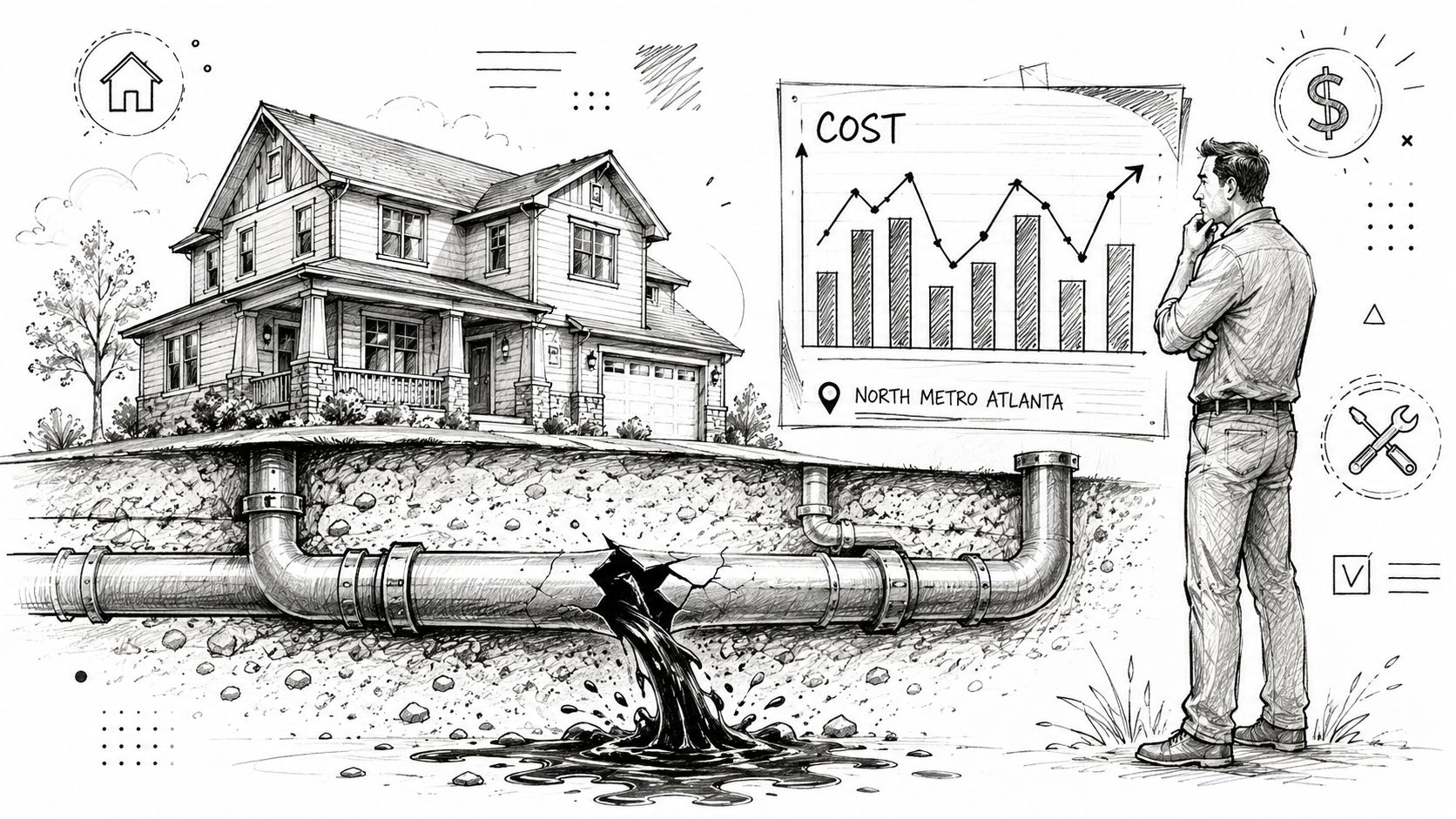 A man observing a broken underground pipe causing a leak near a house and cost graph.
