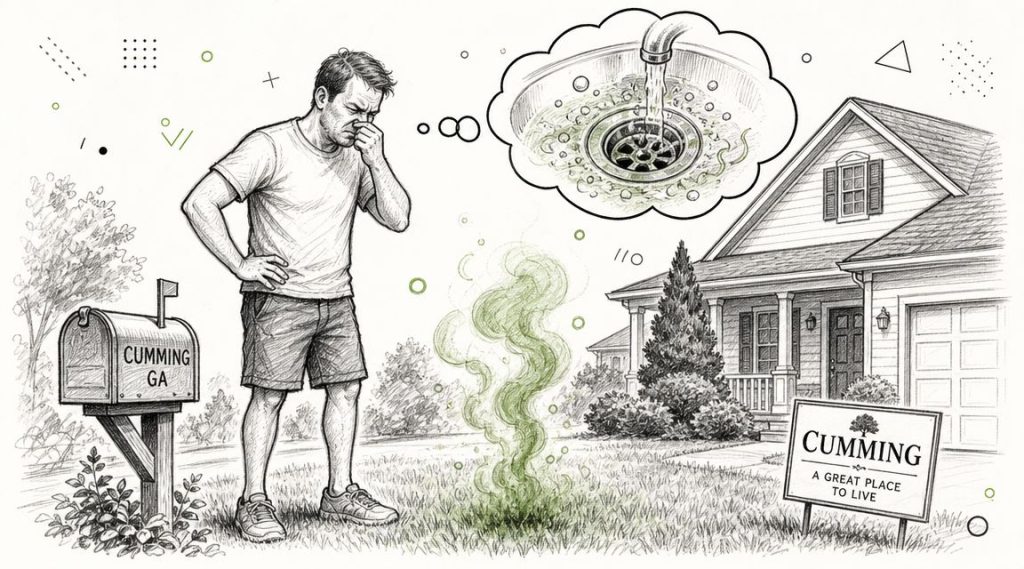 A man standing in his front yard holding his nose due to a foul sewer smell.