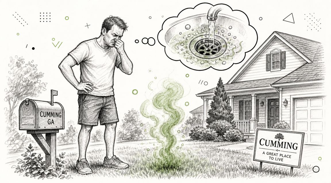 A man standing in his front yard holding his nose due to a foul sewer smell.