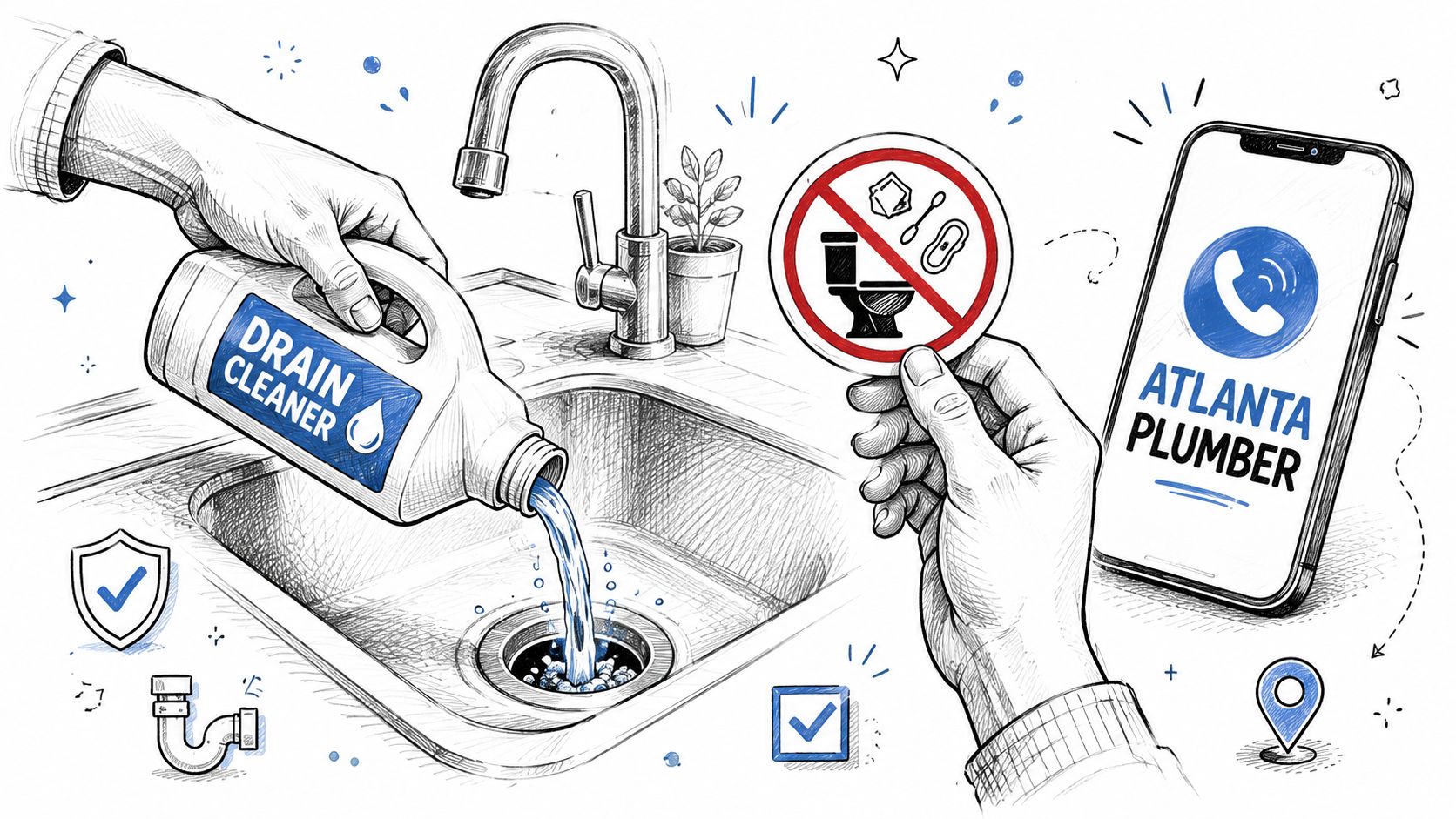A sketched illustration showing drain cleaner pouring into a kitchen sink with plumbing service contact information displayed.