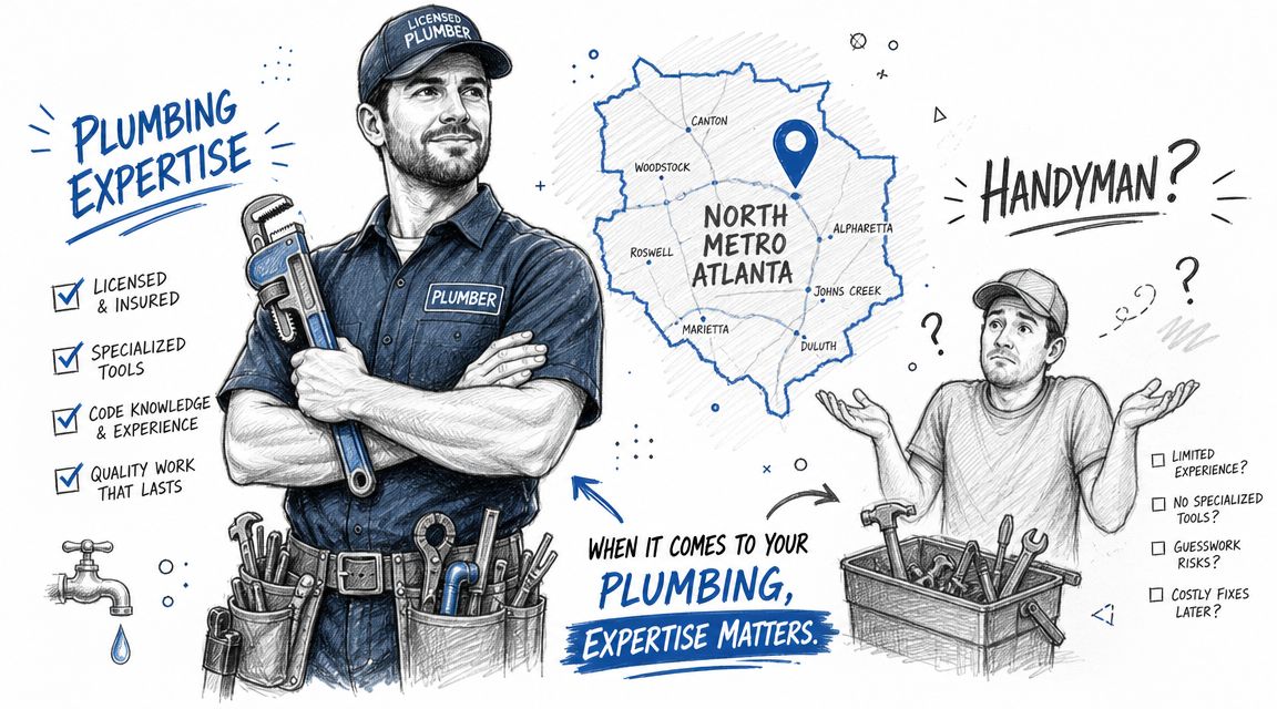 A comparative illustration showing a professional plumber versus an unqualified handyman for home plumbing repairs.