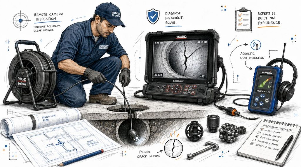 A professional plumber performing a sewer line camera inspection using advanced Ridgid and Sewerin diagnostic equipment.