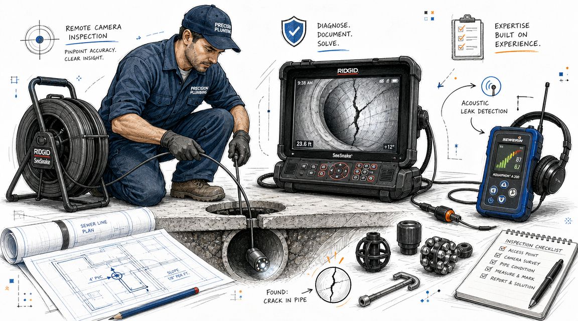 A professional plumber performing a sewer line camera inspection using advanced Ridgid and Sewerin diagnostic equipment.