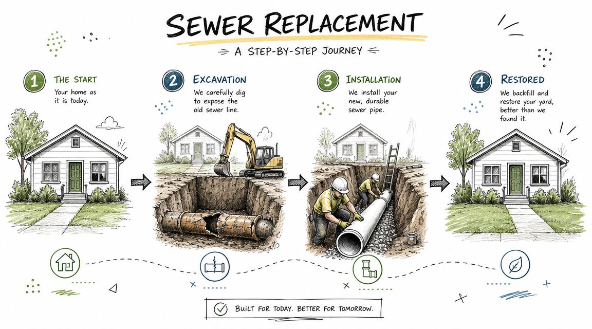 A four-step infographic illustrating the sewer line replacement process from excavation to landscape restoration.