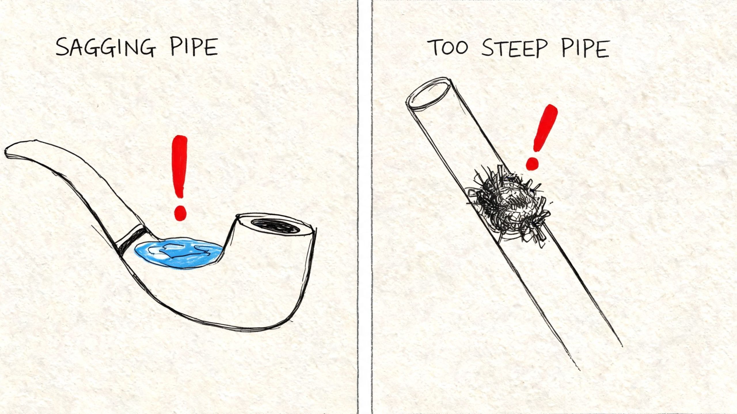A diagram comparing plumbing issues showing a sagged pipe with water and a steep pipe with debris.