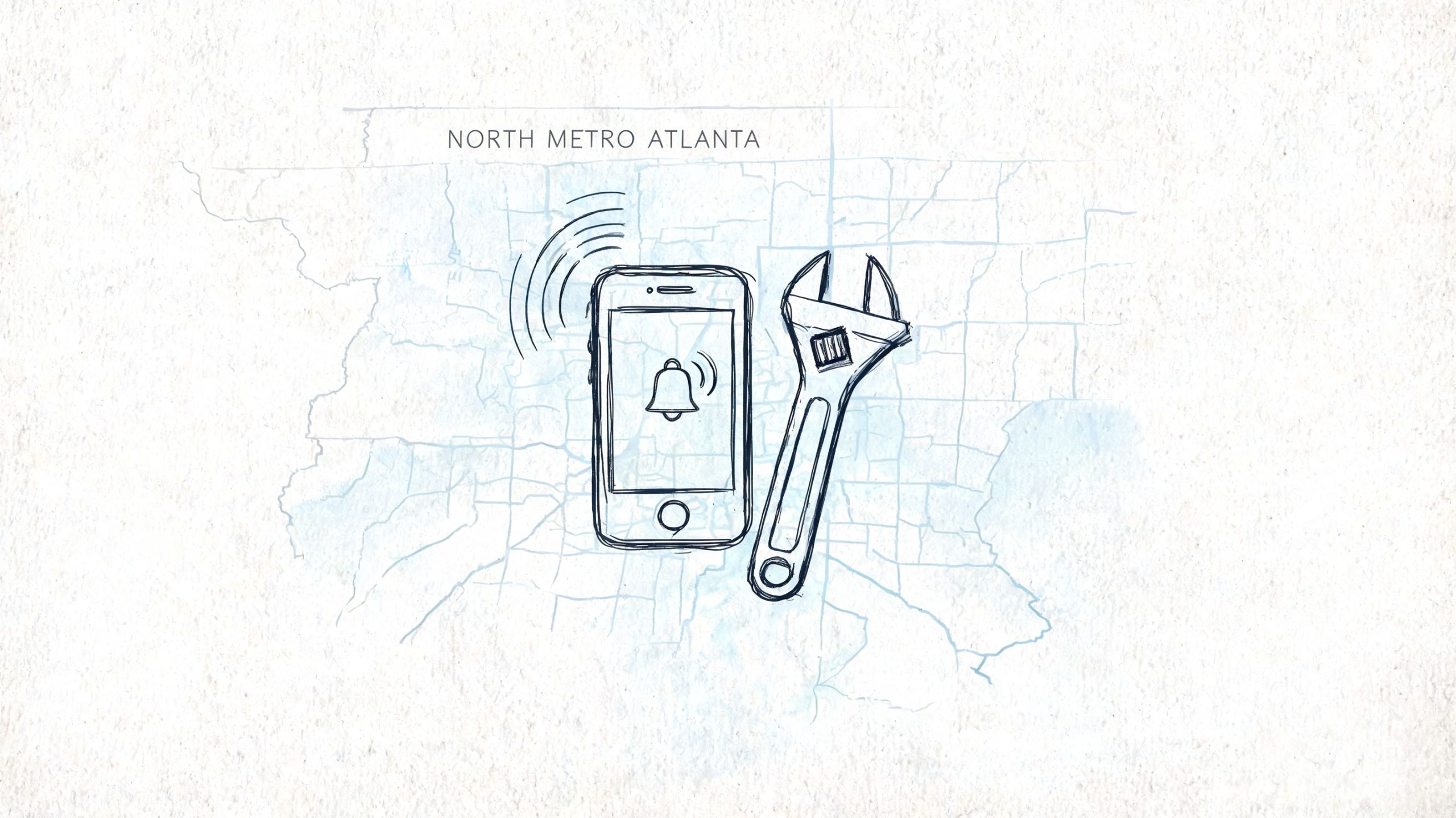 A hand-drawn sketch of a smartphone with an alert icon and a wrench over a map of North Metro Atlanta.