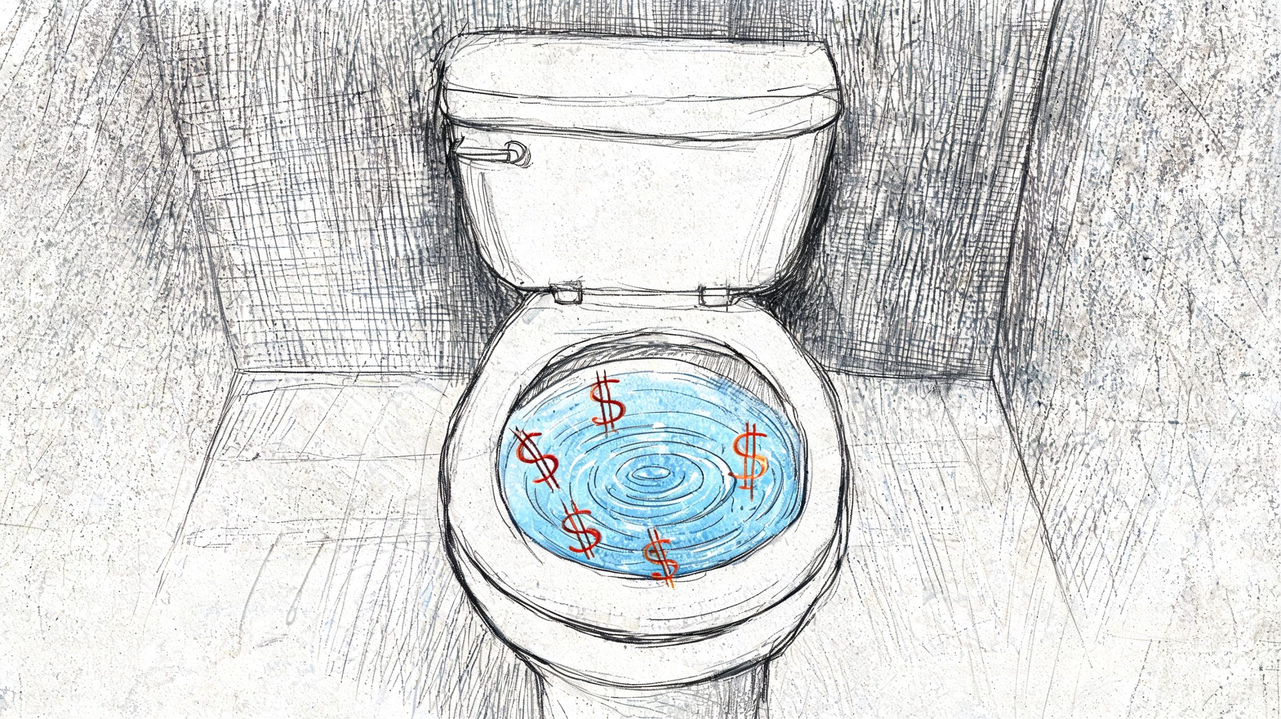A pencil sketch of a toilet with floating red dollar signs inside the bowl indicating wasted money.