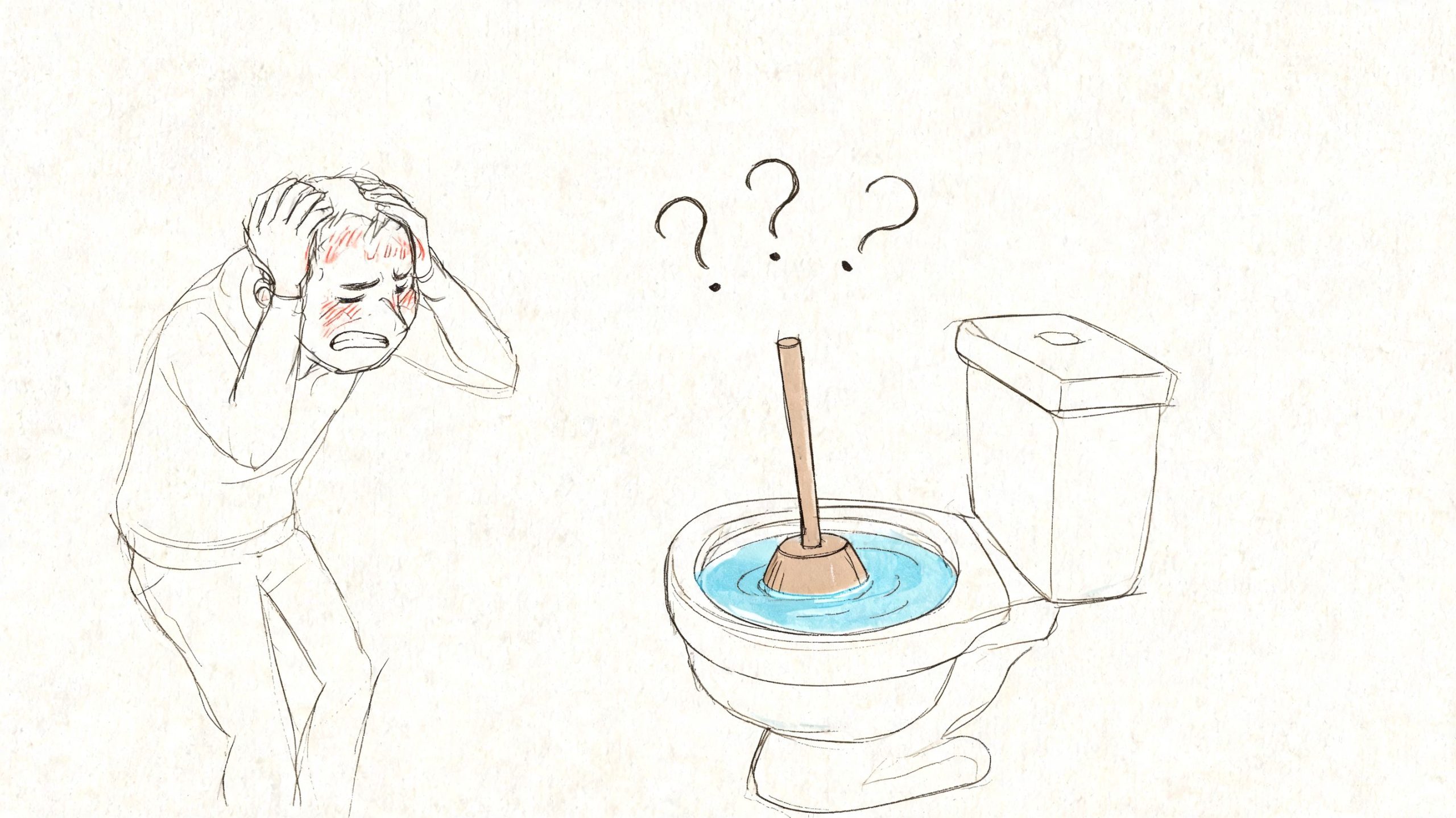 A distressed person holding their head while looking at a toilet that will not unclog with a plunger.