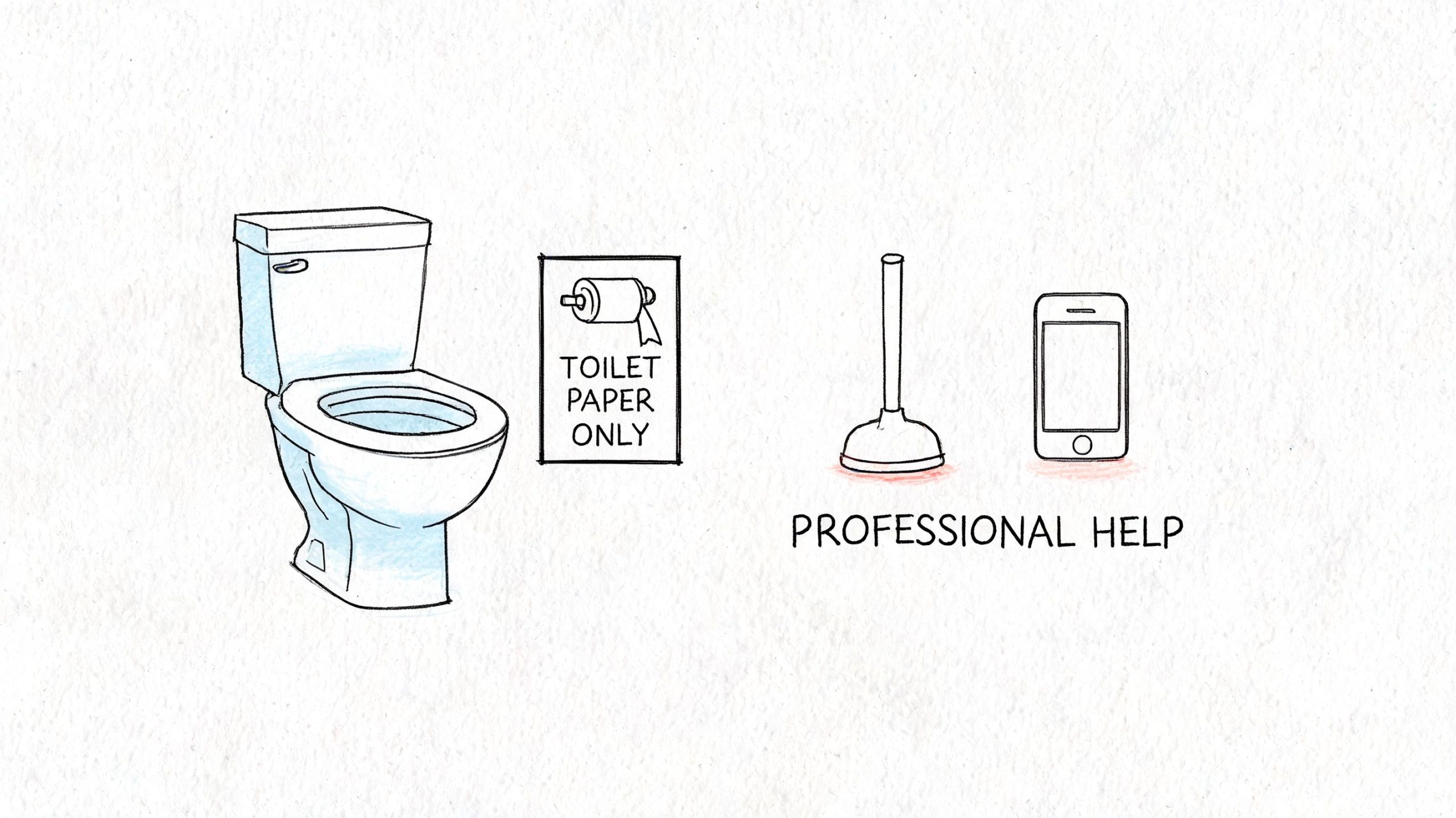 A simple sketch showing a toilet, a sign for toilet paper only, a plunger, and a smartphone.