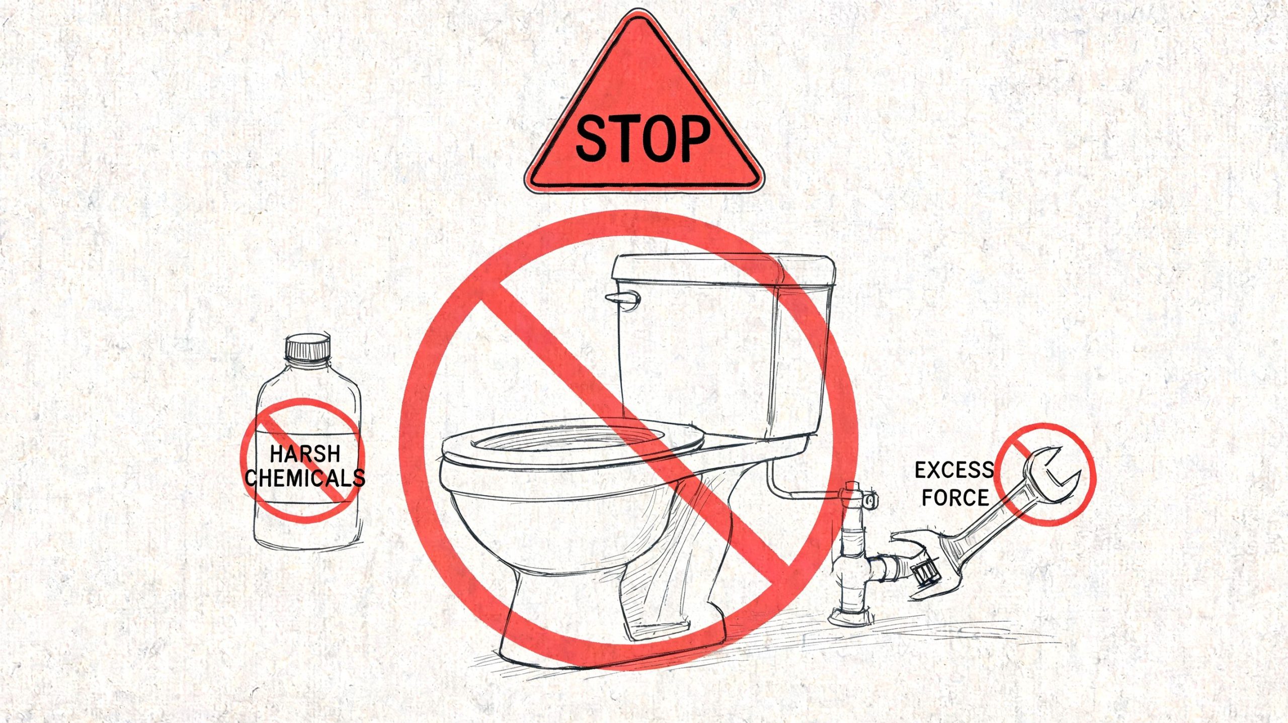 A safety warning illustration depicting a toilet with icons prohibiting the use of harsh chemicals and excess force.