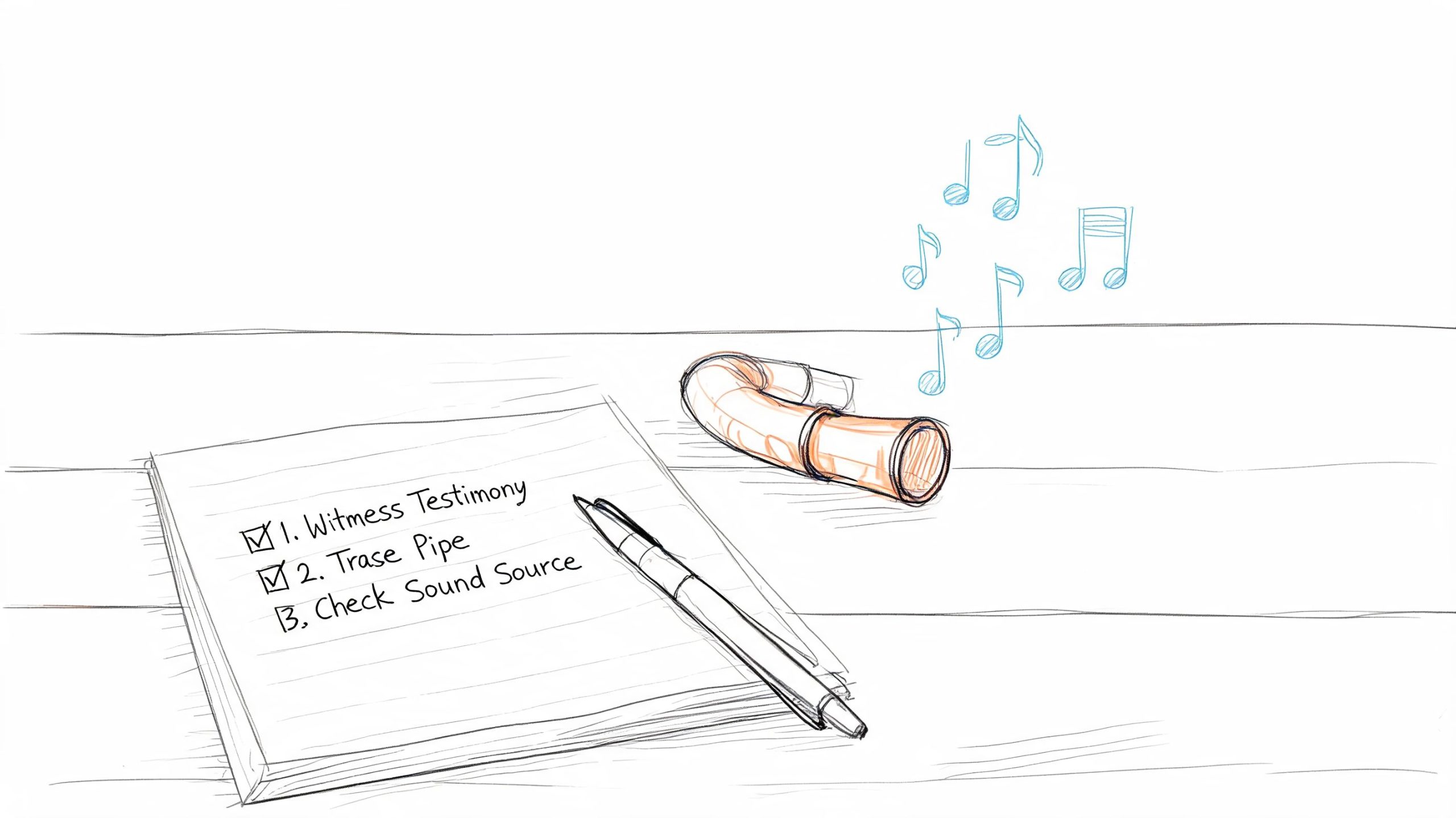 A checklist on a notepad with a pen and a metal pipe emitting musical notes.