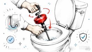 A hand-drawn illustration showing a person using a toilet auger to clear a clog in a toilet.