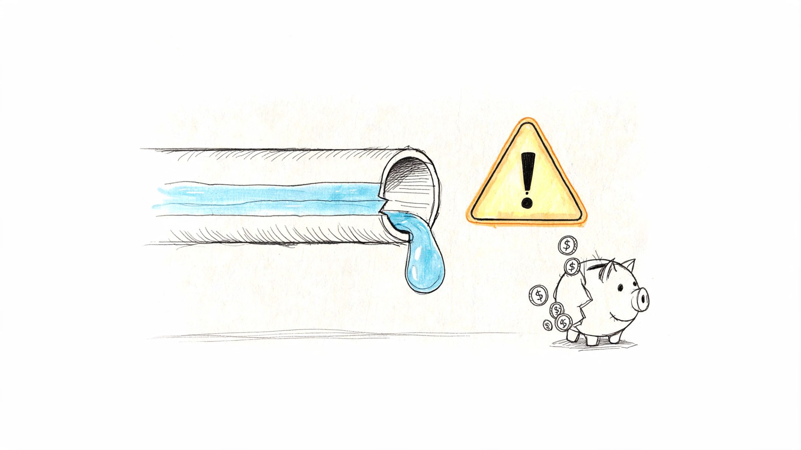 A leaking water pipe symbolising financial waste with a broken piggy bank and a warning sign.