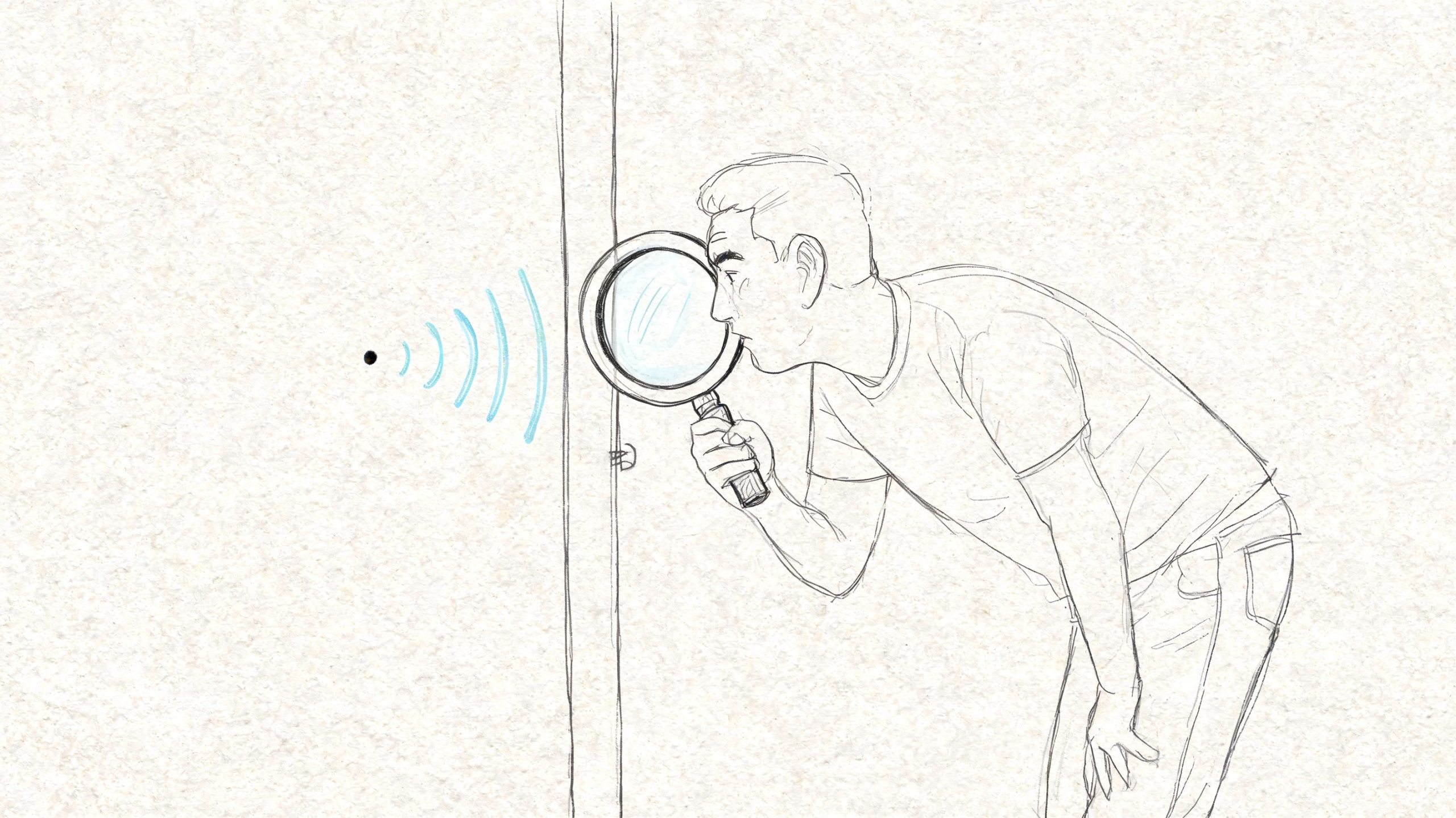 A line drawing illustration of a man using a magnifying glass to investigate a small dark hole.