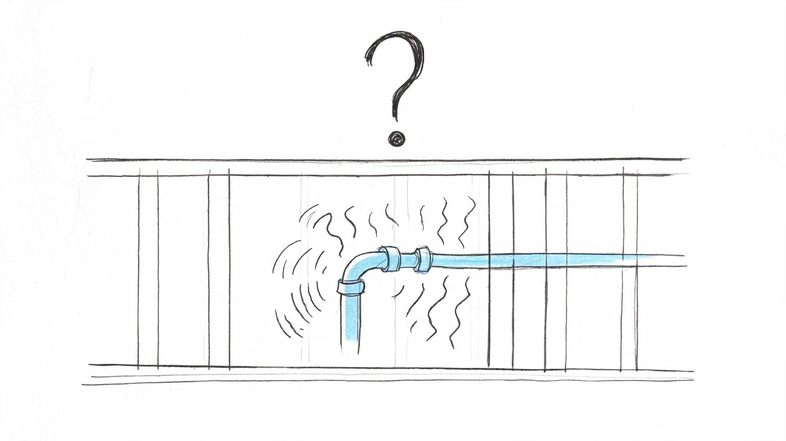 A hand-drawn illustration of a water pipe inside a wall with waves suggesting a whistling sound.