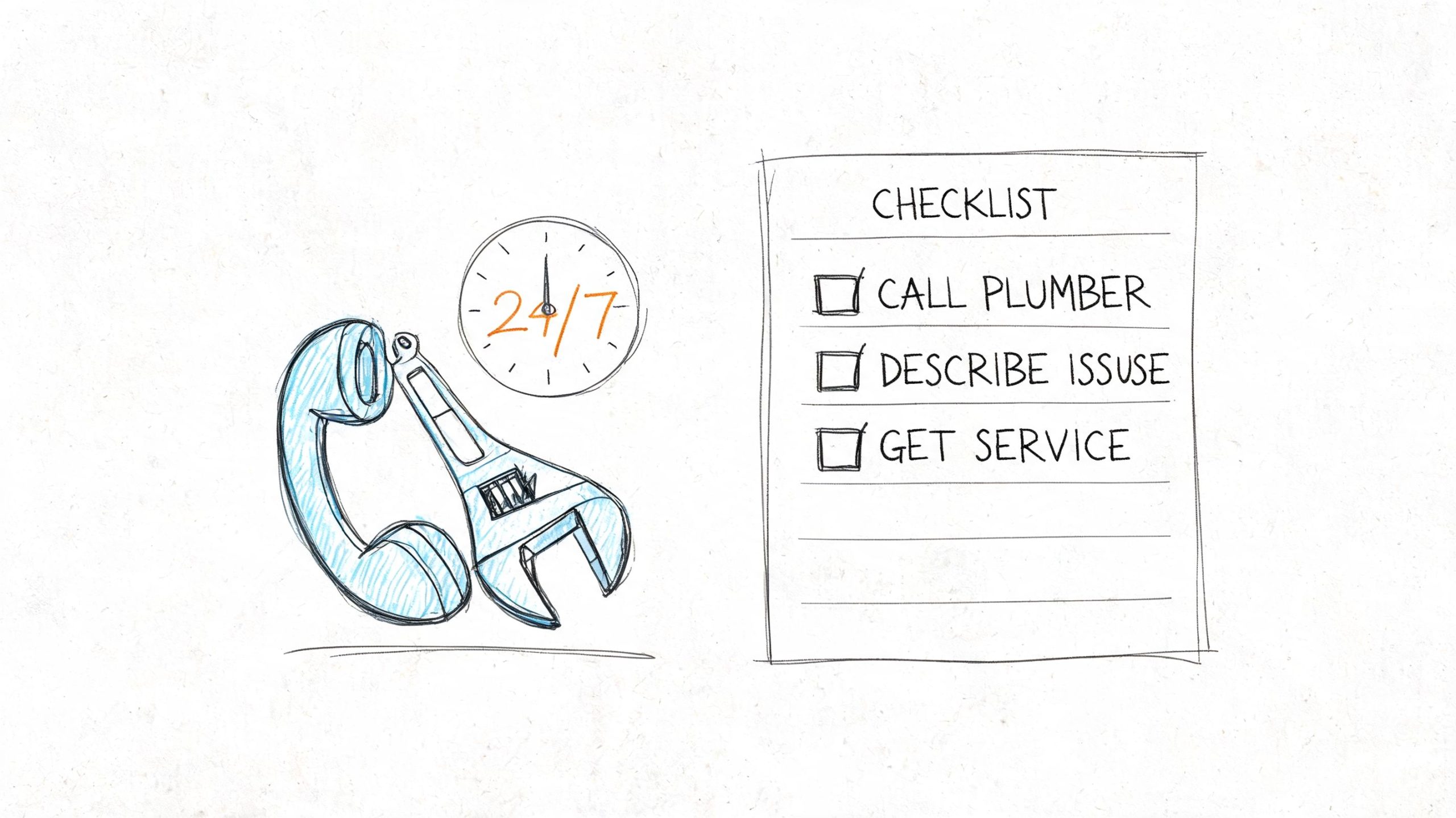 A hand-drawn illustration showing a telephone receiver, a wrench, a clock, and a three-step checklist.