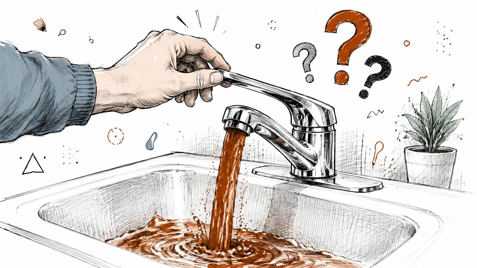 A hand operating a faucet that is dispensing dirty brown water into a kitchen sink.