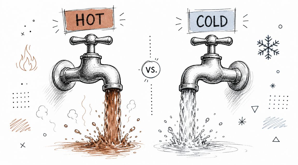 A conceptual illustration comparing a tap flowing with brown hot water against a tap with clear cold water.