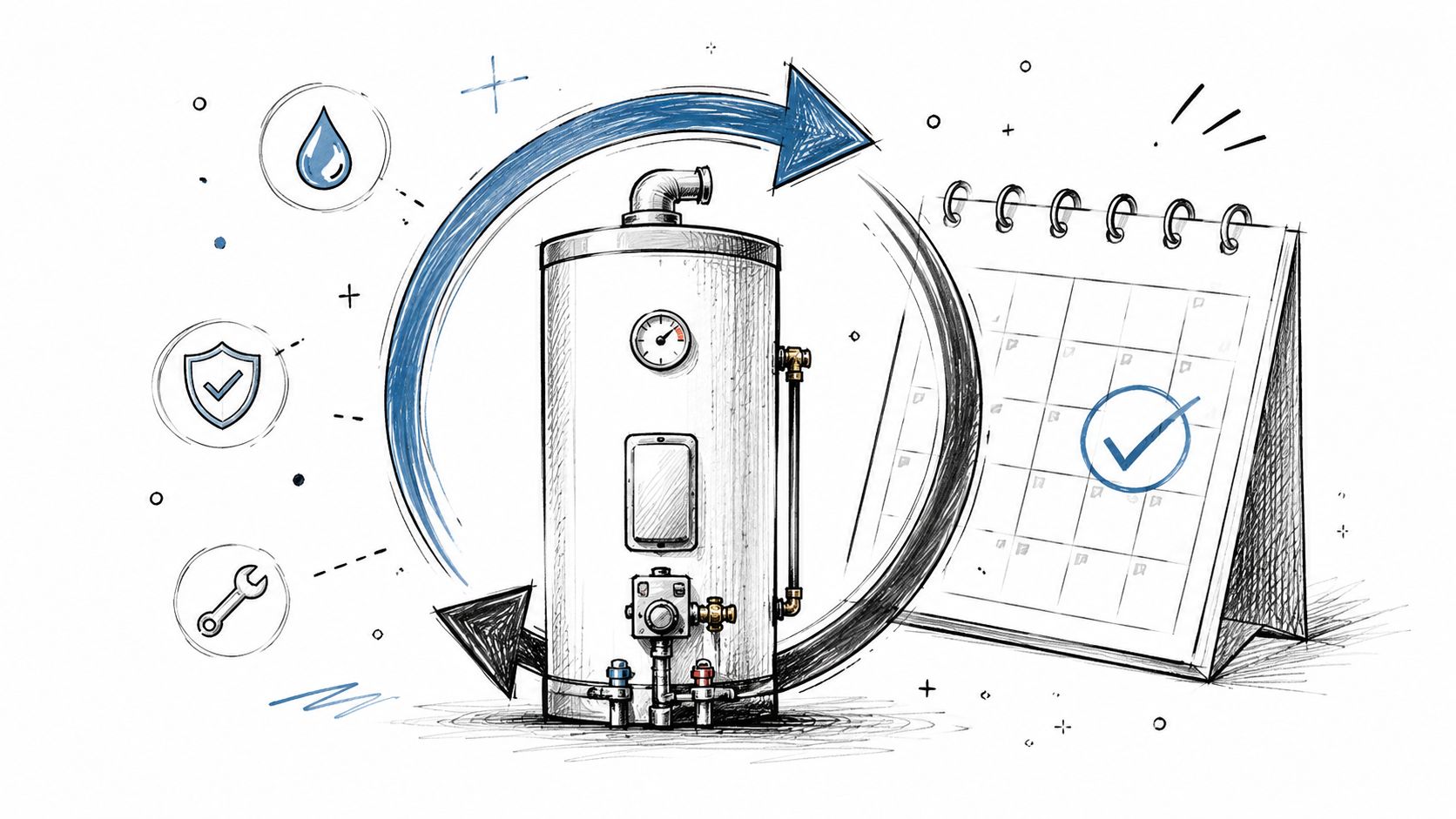 A pencil sketch style illustration of a water heater with maintenance, security, and calendar checkmark symbols.