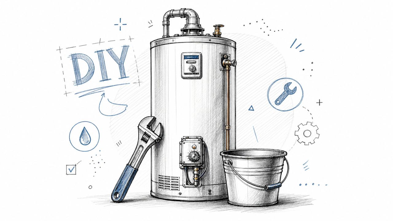 A pencil-style illustration of a water heater, an adjustable wrench, and a metal bucket for maintenance.