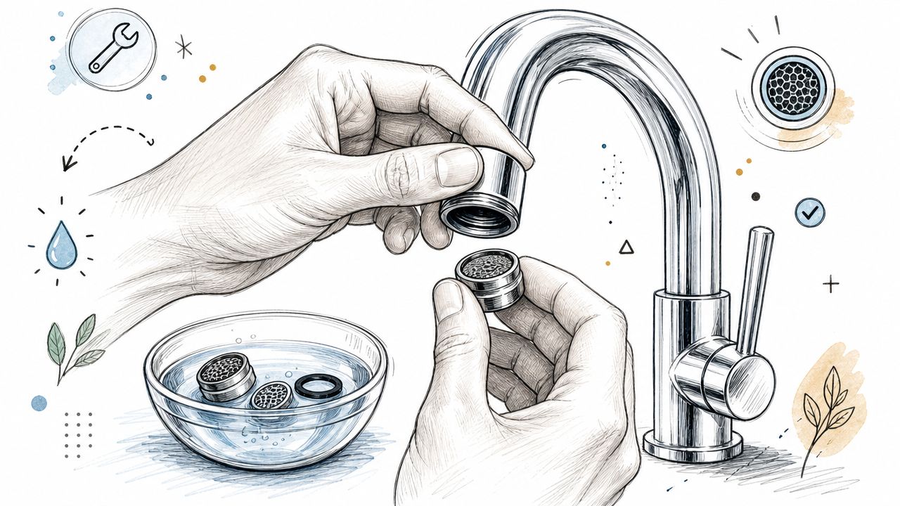 A hand-drawn illustration showing a person cleaning a faucet aerator in a bowl of water.